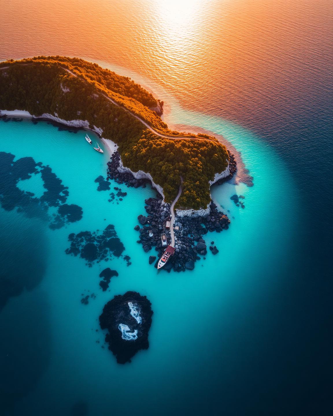 Vista aérea de una cala caribeña de aguas turquesa al atardecer